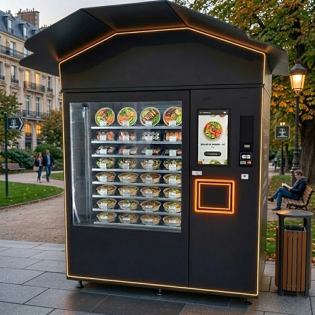 Mise en situation extérieure du distributeur automatique POP’FRAIS noir rempli de plats frais