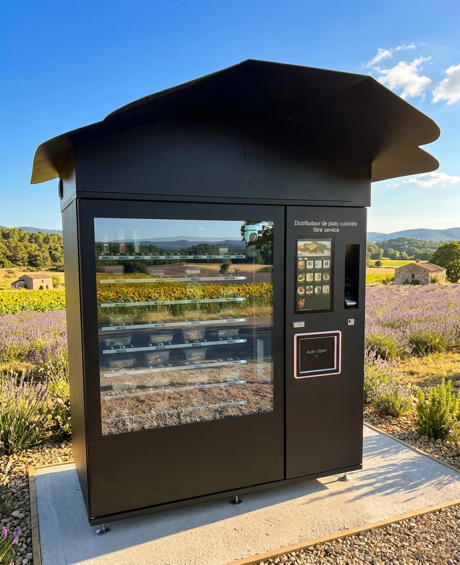 Mise en situation extérieure du distributeur POP’FRAIS en plein soleil au milieu de champs de lavande