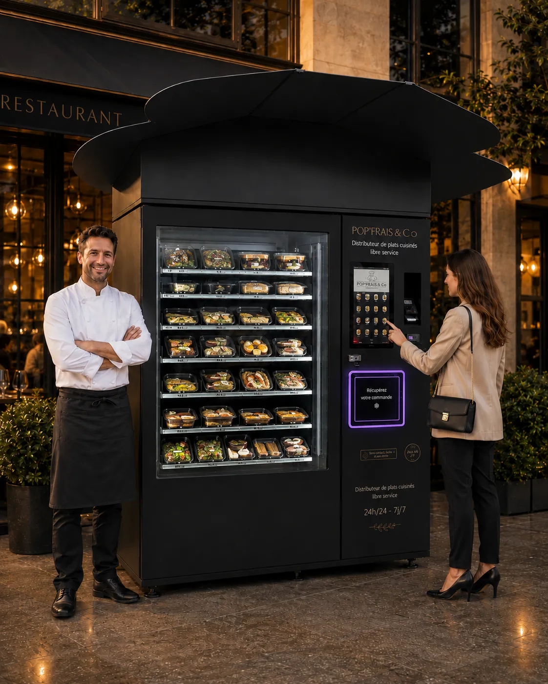 Restaurateur et cliente devant un distributeur automatique POP’FRAIS rempli de plats cuisinés