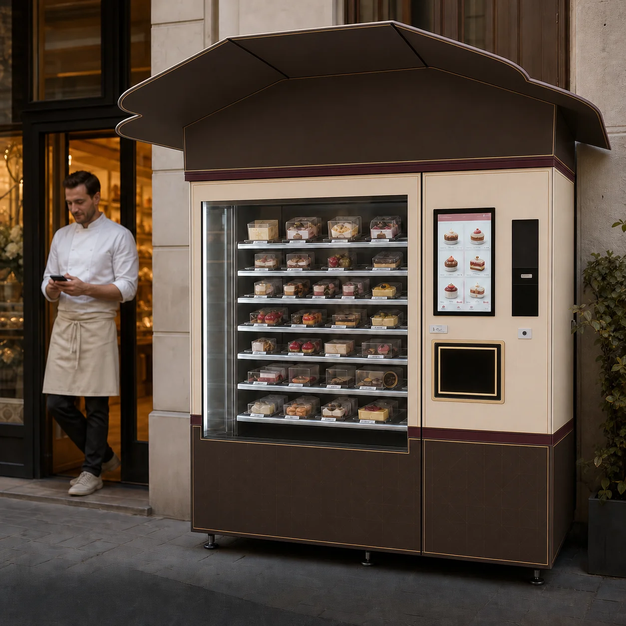 Mise en situation d’un distributeur automatique POP’FRAIS avec habillage pâtisserie chocolat, crème, bordeaux et filets dorés, rempli de desserts emballés