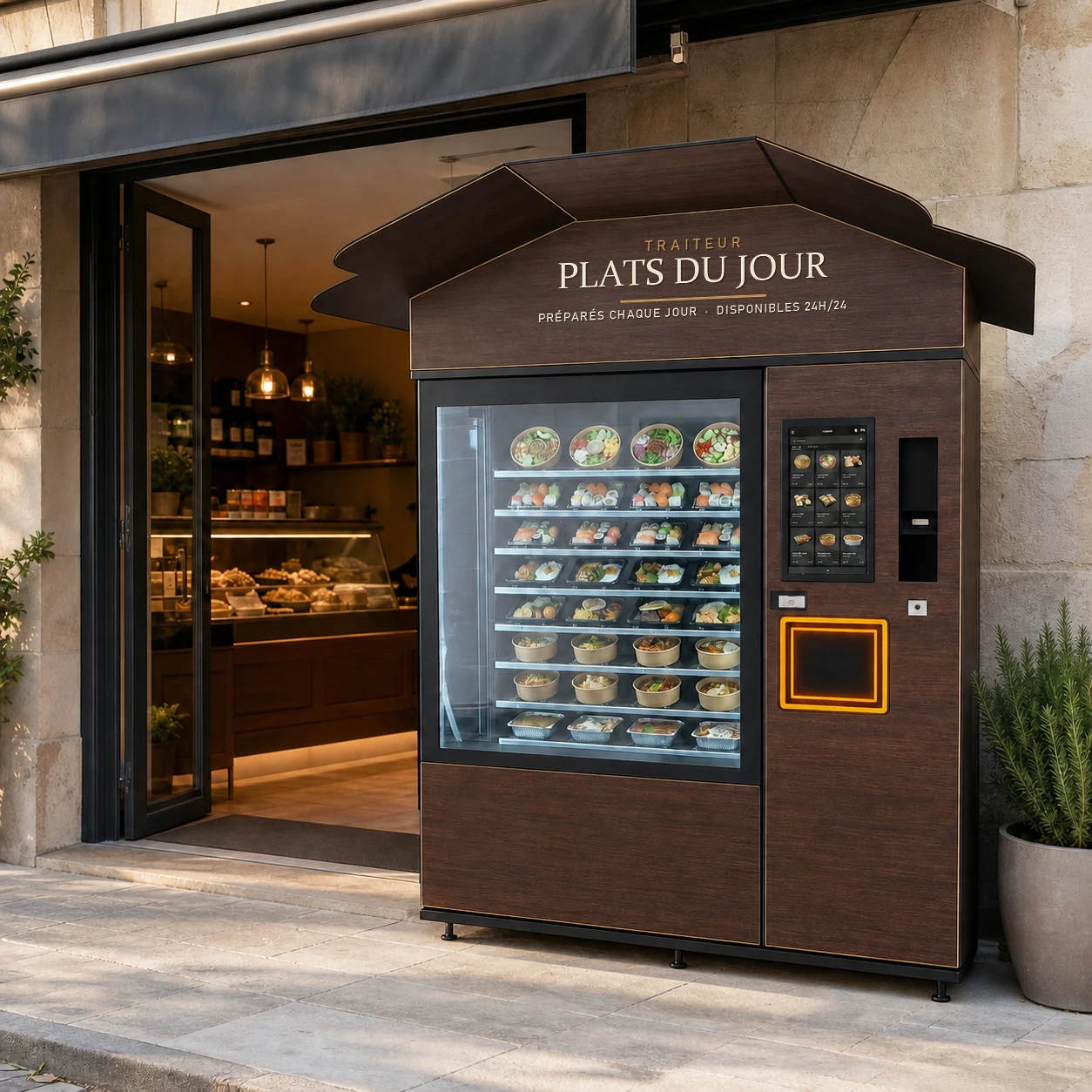 Proposition d’habillage en noyer d’un distributeur POP’FRAIS devant une boutique de traiteur, avec marquage en perspective Plats du jour et disponible 24h/24